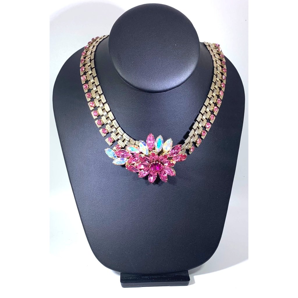 Star Necklace Gold Tone Pink Rhinestones Aurora Borealis Vintage